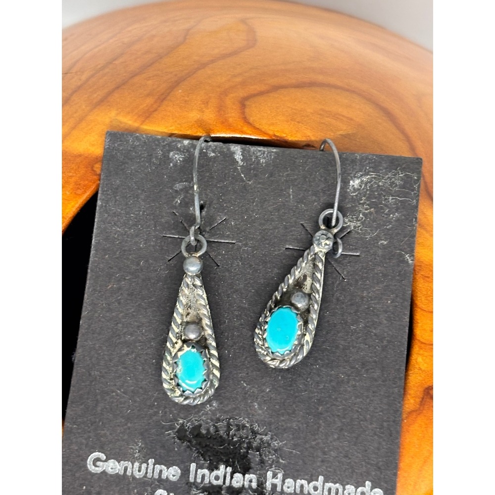 Genuine Indian Handmade Sterling Silver Turquoise Teardrop Earrings Navajo